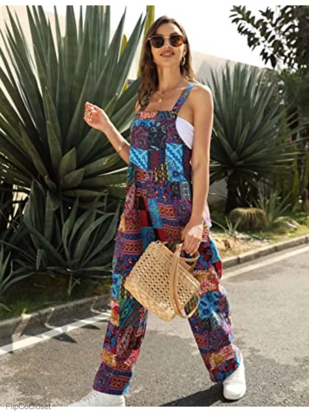 Women's Floral Loose Wide Leg Overalls with Pockets Boho Jumpsuit